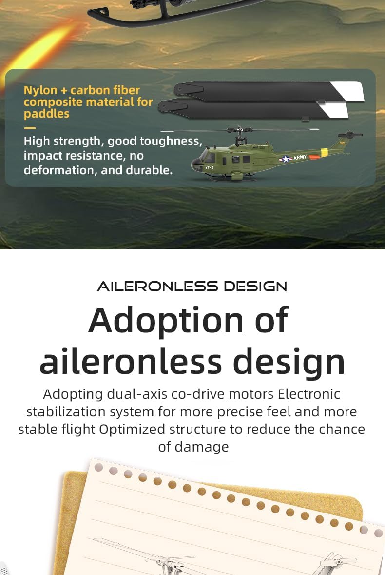 YU Xiang F07 Bell UH-1 Huey RC Helicopter for Adults, 1/34 2.4G 6CH Brushless Direct-Drive 3D/6G Flybarless Advanced RTF RC Helicopter with Optical Flow Positioning - 2PCS Battery