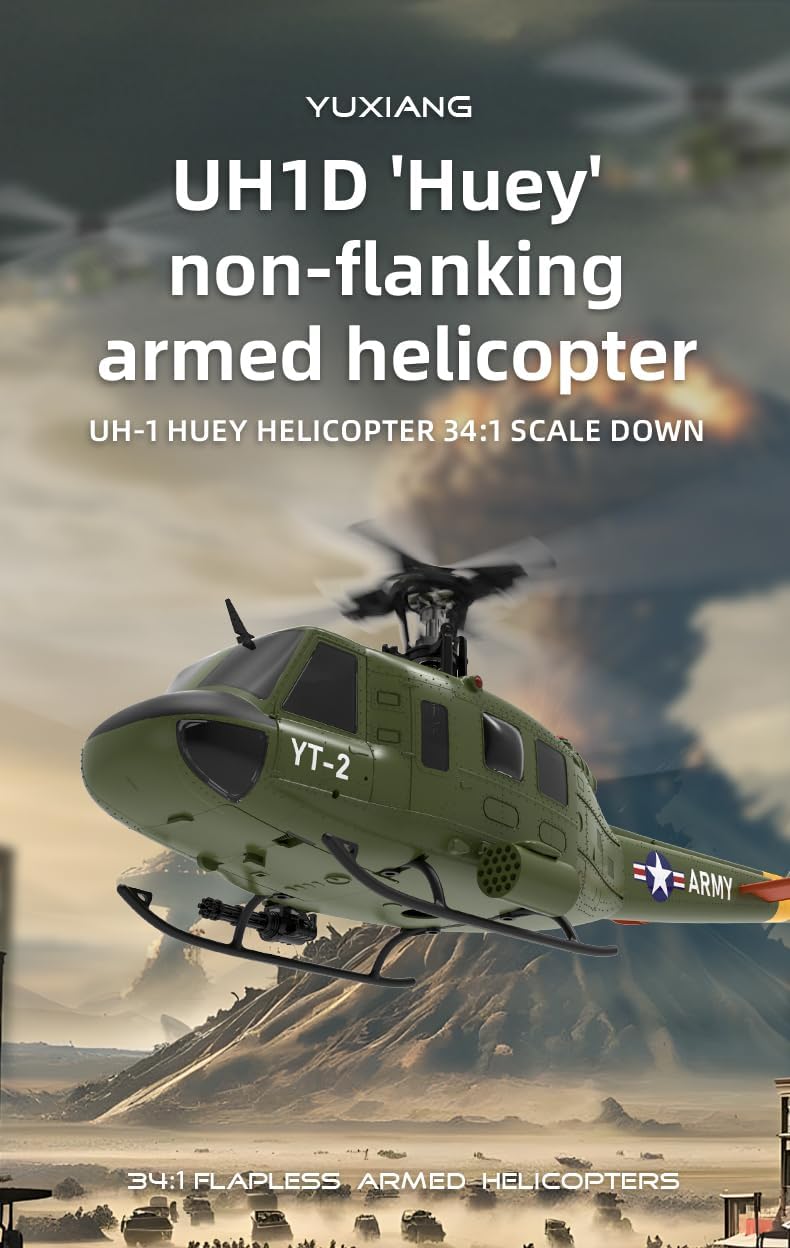 YU Xiang F07 Bell UH-1 Huey RC Helicopter for Adults, 1/34 2.4G 6CH Brushless Direct-Drive 3D/6G Flybarless Advanced RTF RC Helicopter with Optical Flow Positioning - 2PCS Battery