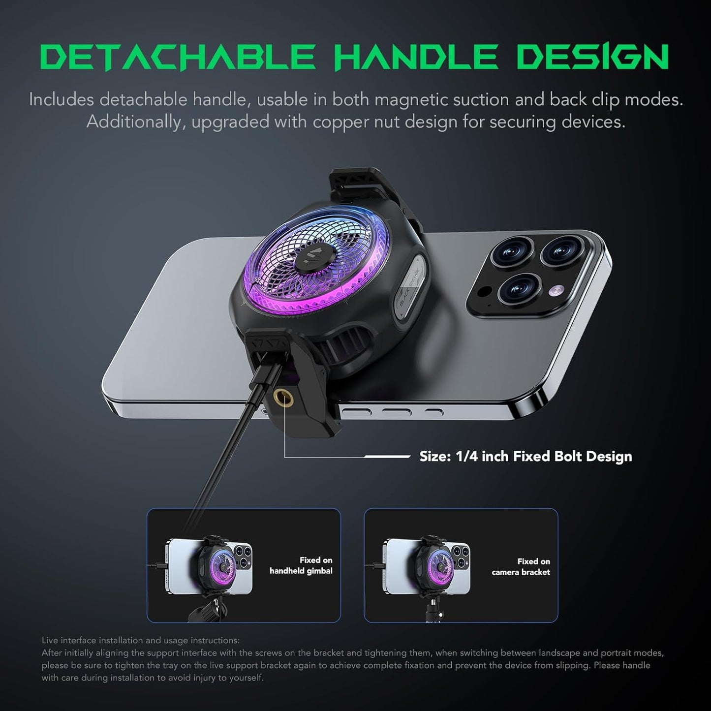 Black Shark Magnetic Cell Phone Cooler 4Pro, Portable RGB Cooling Fan, Cellphone Radiator with Removable Grip, App-Controlled Smart Temperature Control for iPhone MagSafe Series/Android/Tablet/iPad