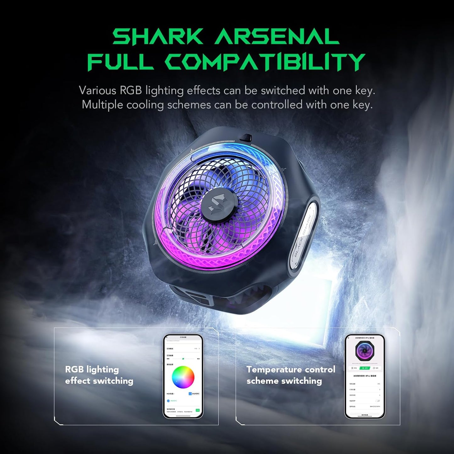 Black Shark Magnetic Cell Phone Cooler 4Pro, Portable RGB Cooling Fan, Cellphone Radiator with Removable Grip, App-Controlled Smart Temperature Control for iPhone MagSafe Series/Android/Tablet/iPad
