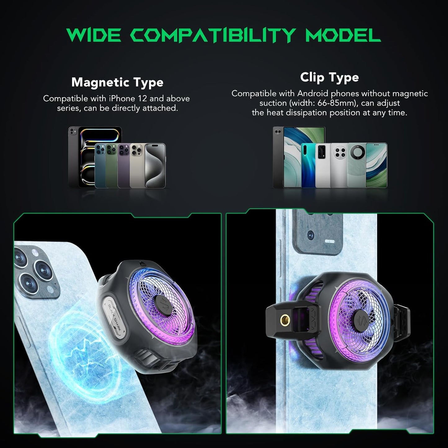 Black Shark Magnetic Cell Phone Cooler 4Pro, Portable RGB Cooling Fan, Cellphone Radiator with Removable Grip, App-Controlled Smart Temperature Control for iPhone MagSafe Series/Android/Tablet/iPad