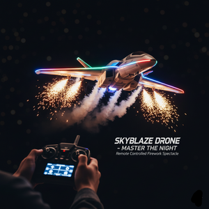 Remote-controlled drone with fireworks effects and controller in the foreground, against a dark background.