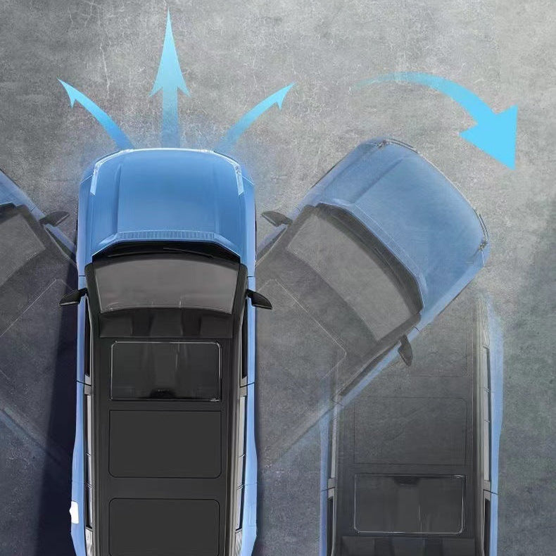Top-down view of two blue cars with arrows indicating rotation on a gray background