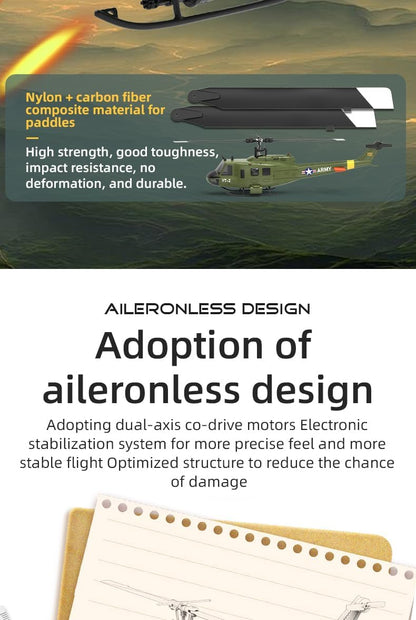 YU Xiang F07 Bell UH-1 Huey RC Helicopter for Adults, 1/34 2.4G 6CH Brushless Direct-Drive 3D/6G Flybarless Advanced RTF RC Helicopter with Optical Flow Positioning - 2PCS Battery