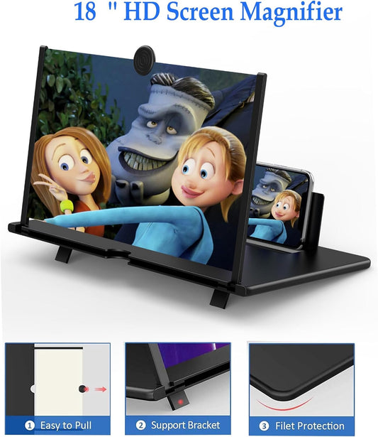 18" Screen Magnifier for Mobile Phone,3D HD Cell Phone Magnifying Projector Screen Enlarger for Movies, Videos, and Gaming,Foldable Phone Stand with Screen Amplifier,Supports All Smartphones (Black)