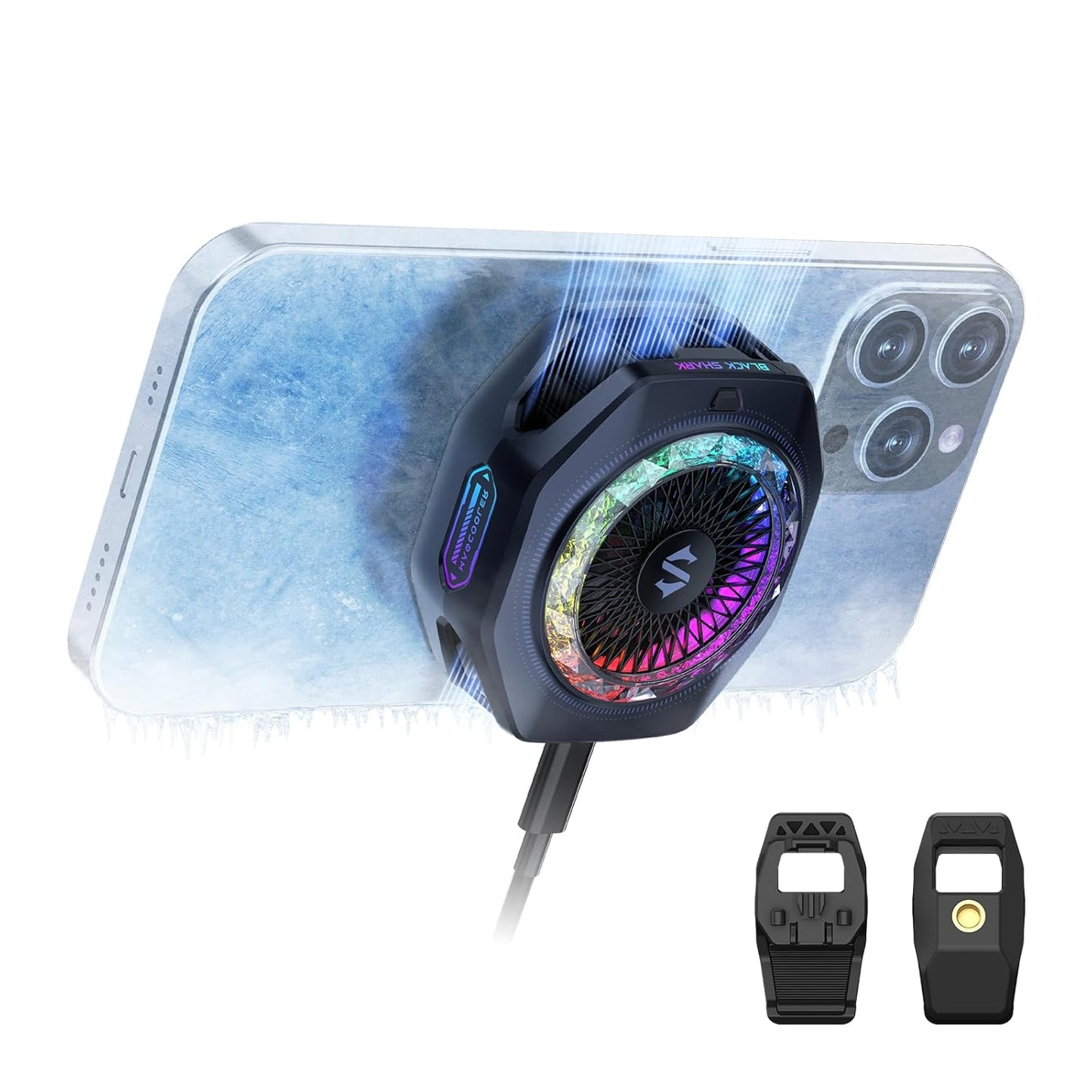 Black Shark Magnetic Cell Phone Cooler 4Pro, Portable RGB Cooling Fan, Cellphone Radiator with Removable Grip, App-Controlled Smart Temperature Control for iPhone MagSafe Series/Android/Tablet/iPad