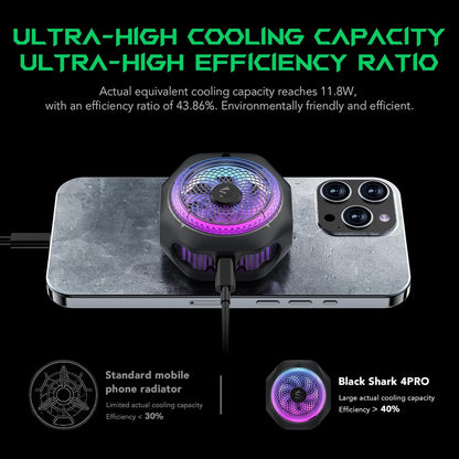 Black Shark Magnetic Cell Phone Cooler 4Pro, Portable RGB Cooling Fan, Cellphone Radiator with Removable Grip, App-Controlled Smart Temperature Control for iPhone MagSafe Series/Android/Tablet/iPad