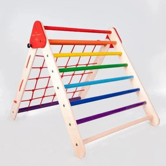 Colorful wooden climbing toy with red, orange, yellow, green, blue, and purple rungs on a white background.