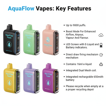 AquaFlow Disposable Vape Device - 6 Flavours - 9000 Puffs